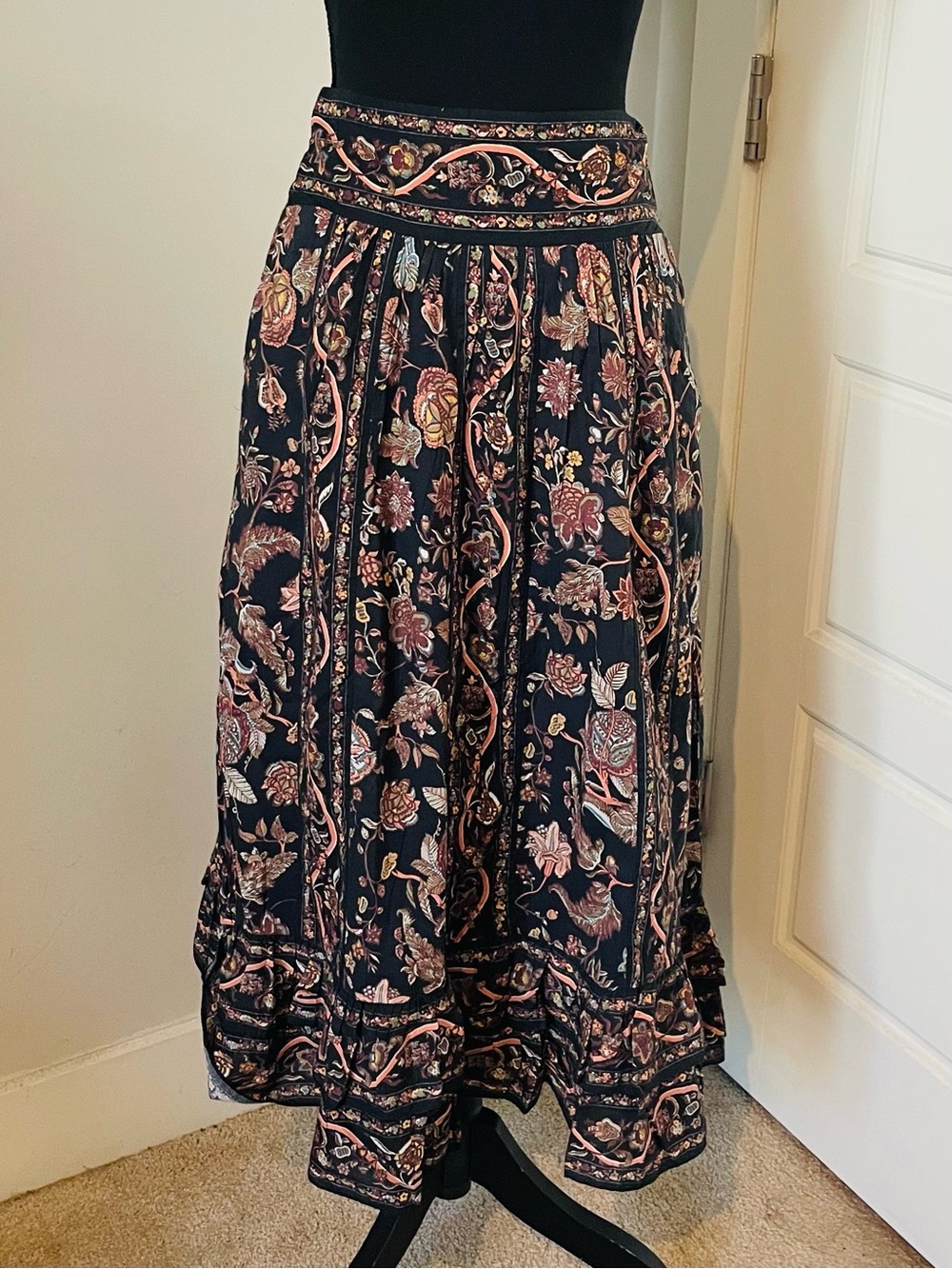 Cleobella Black Midi Skirt with Blush and Rust Floral NWT